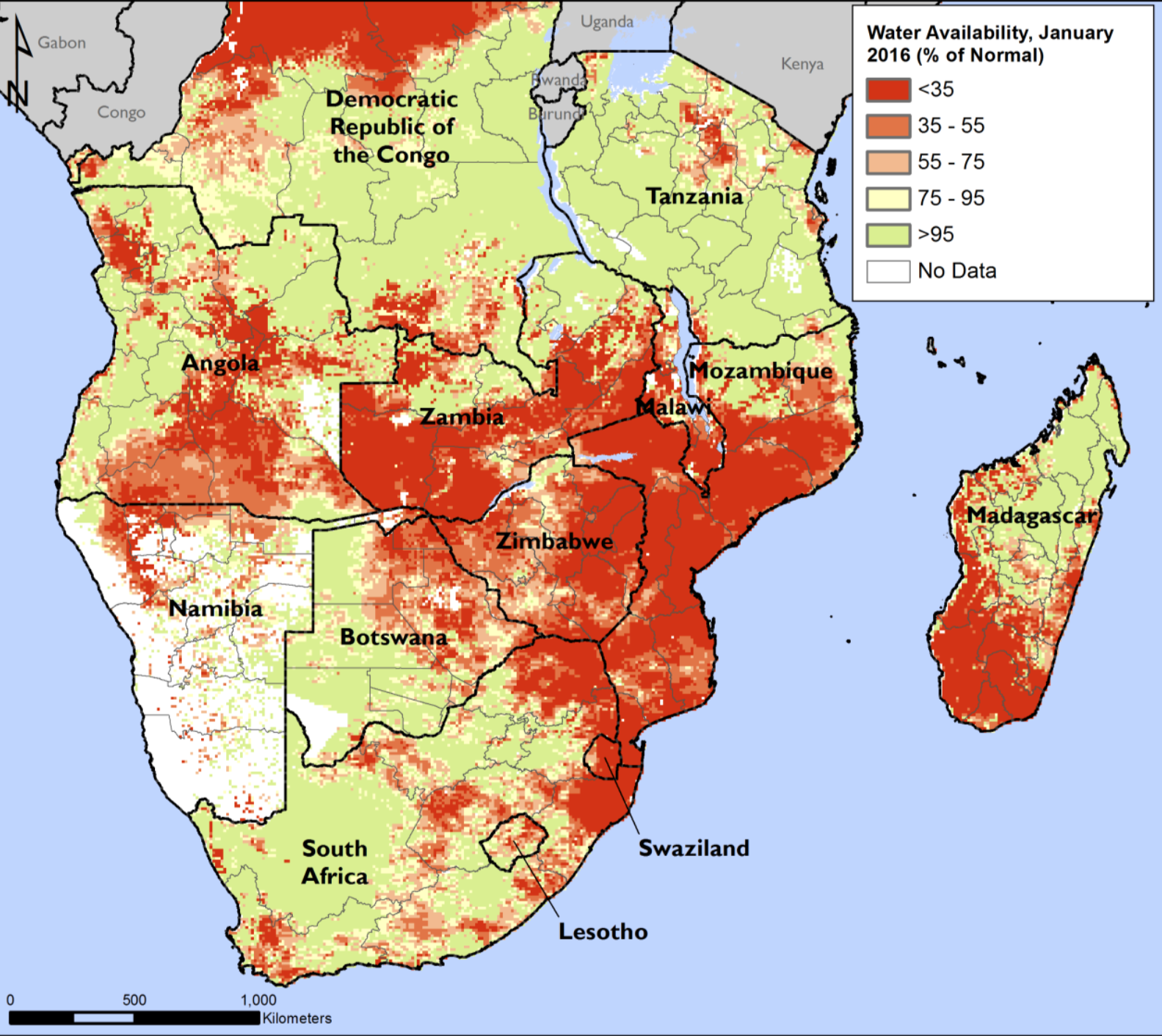 Water availability across southern Africa is stressed from the ongoing drought (FEWS)